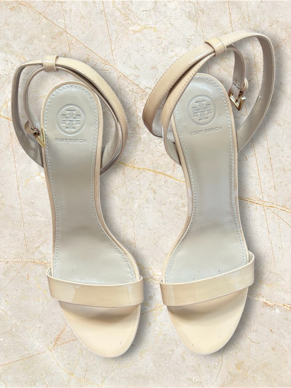 Tory Burch Beige Leather Ankle-Strap Stiletto Heeled Sandals